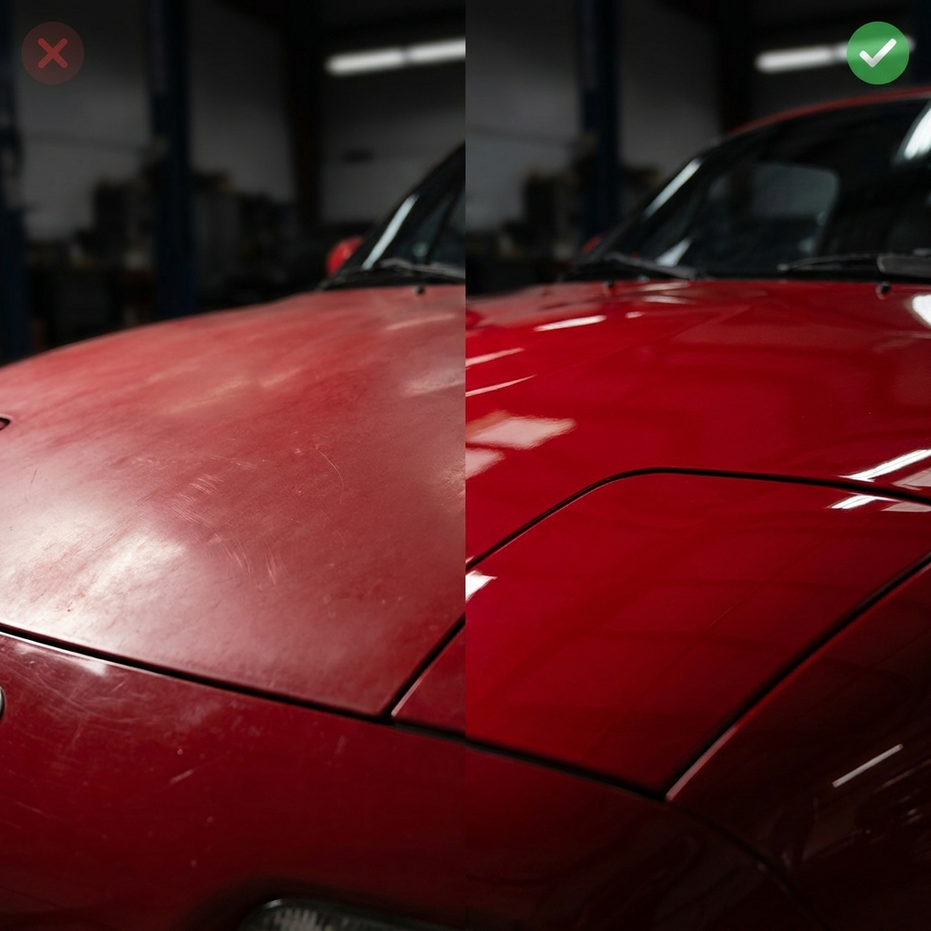 Capó rojo antes y después de Turbo Shine