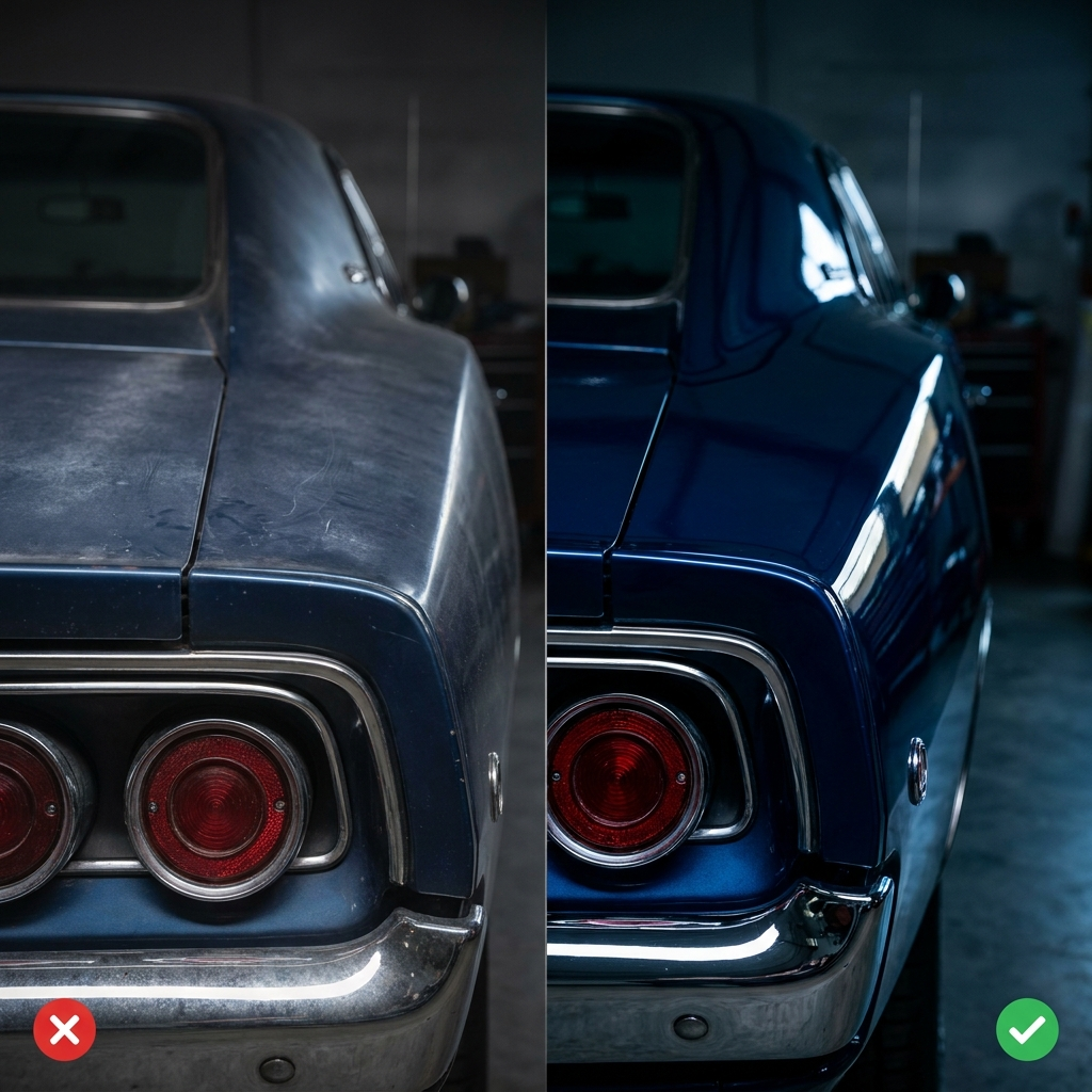 Compuerta trasera estilo muscle car azul antes y después de Turbo Shine