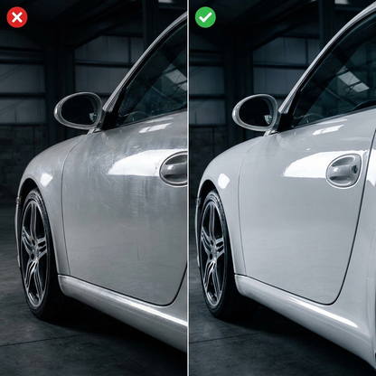Carro blanco con rayón antes y después